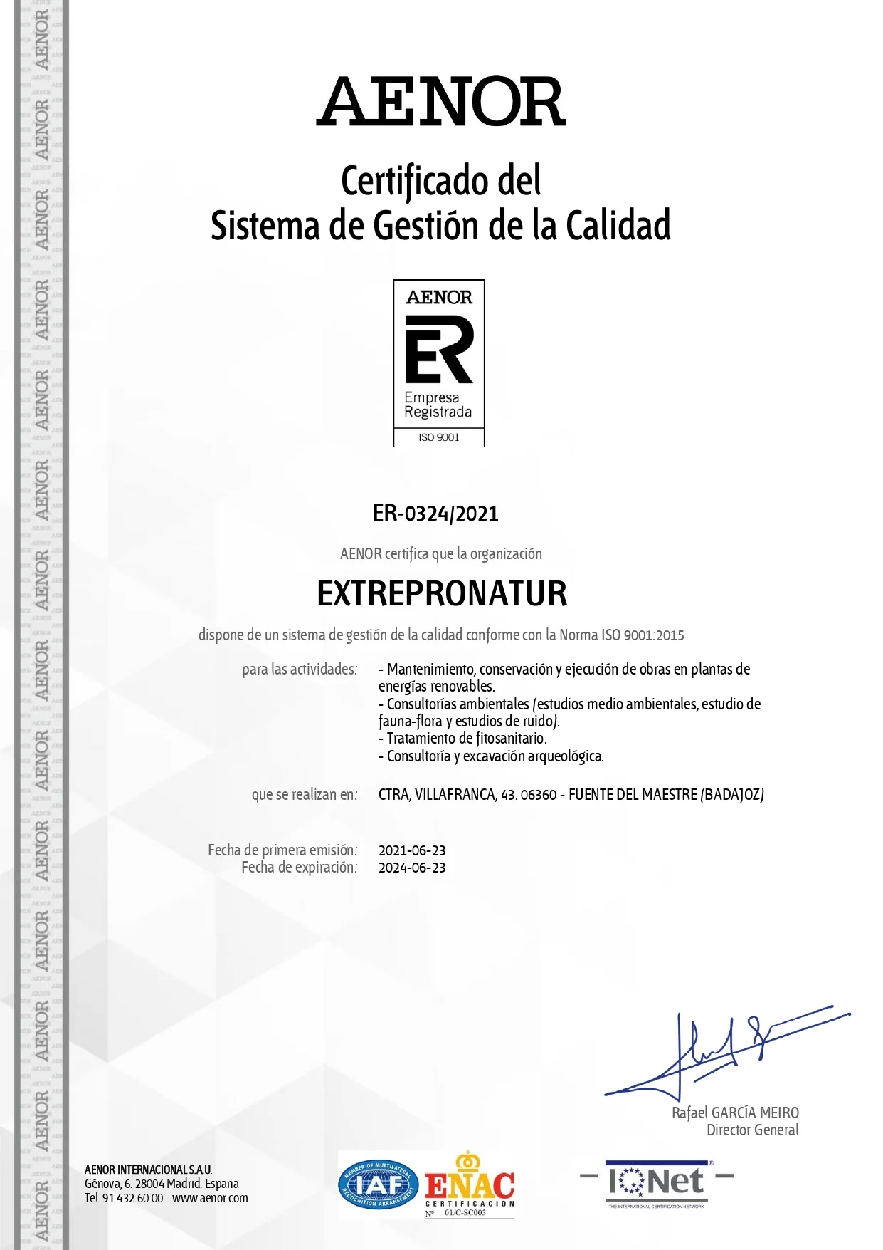 Certificado Calidad Aenor ISO 9001-2015
