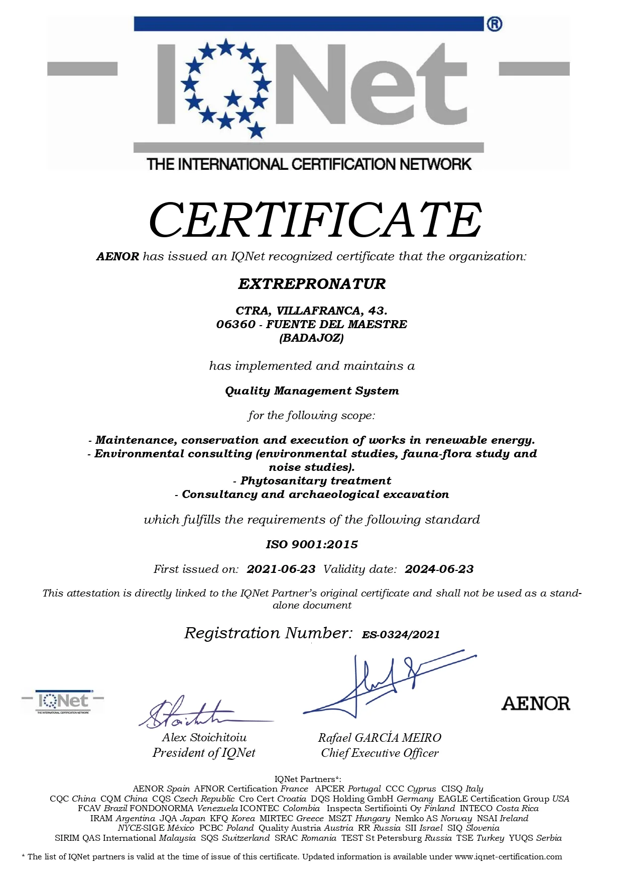 ISO 9001-2015 IQNET Quality Certificate